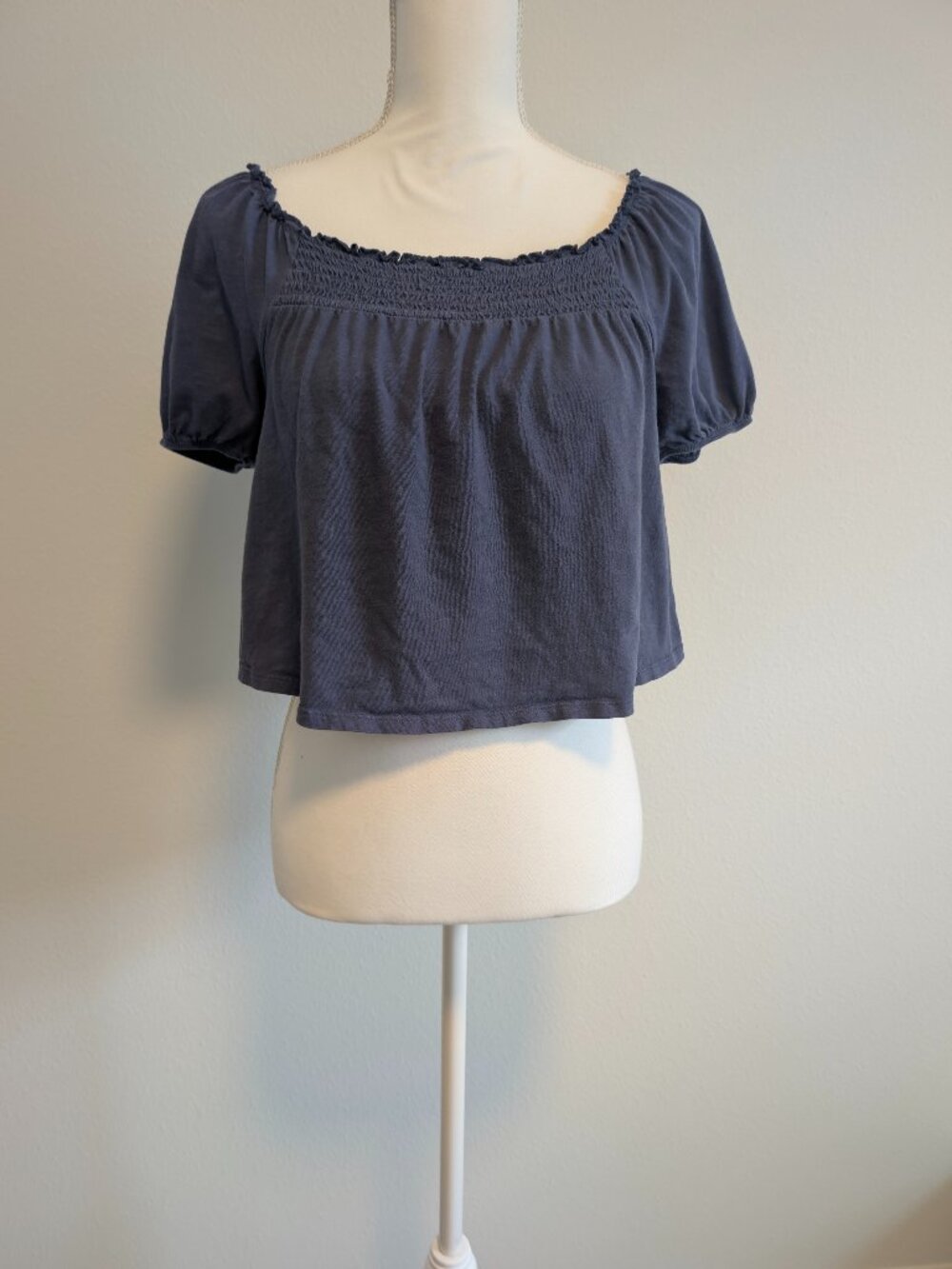 American Eagle Blue Smocked Crop Top Short Sleeve Boho Cottagecore Small